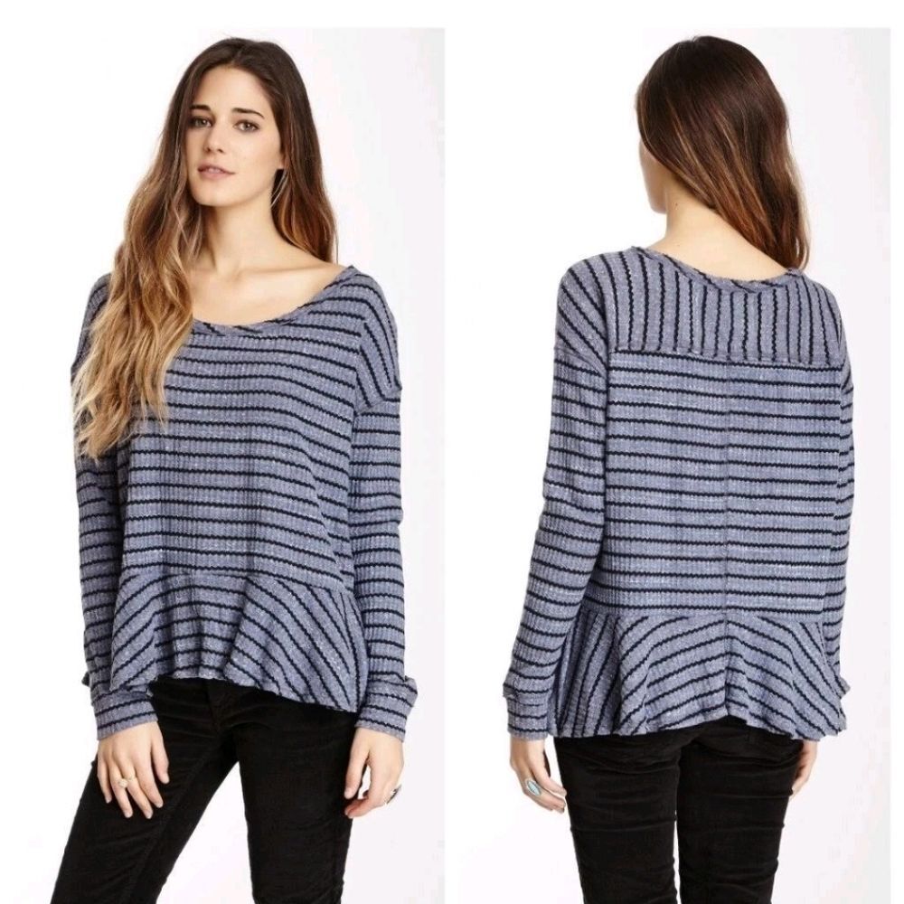 We The Free Auntie Em Striped Thermal Waffle Knit Peplum Top